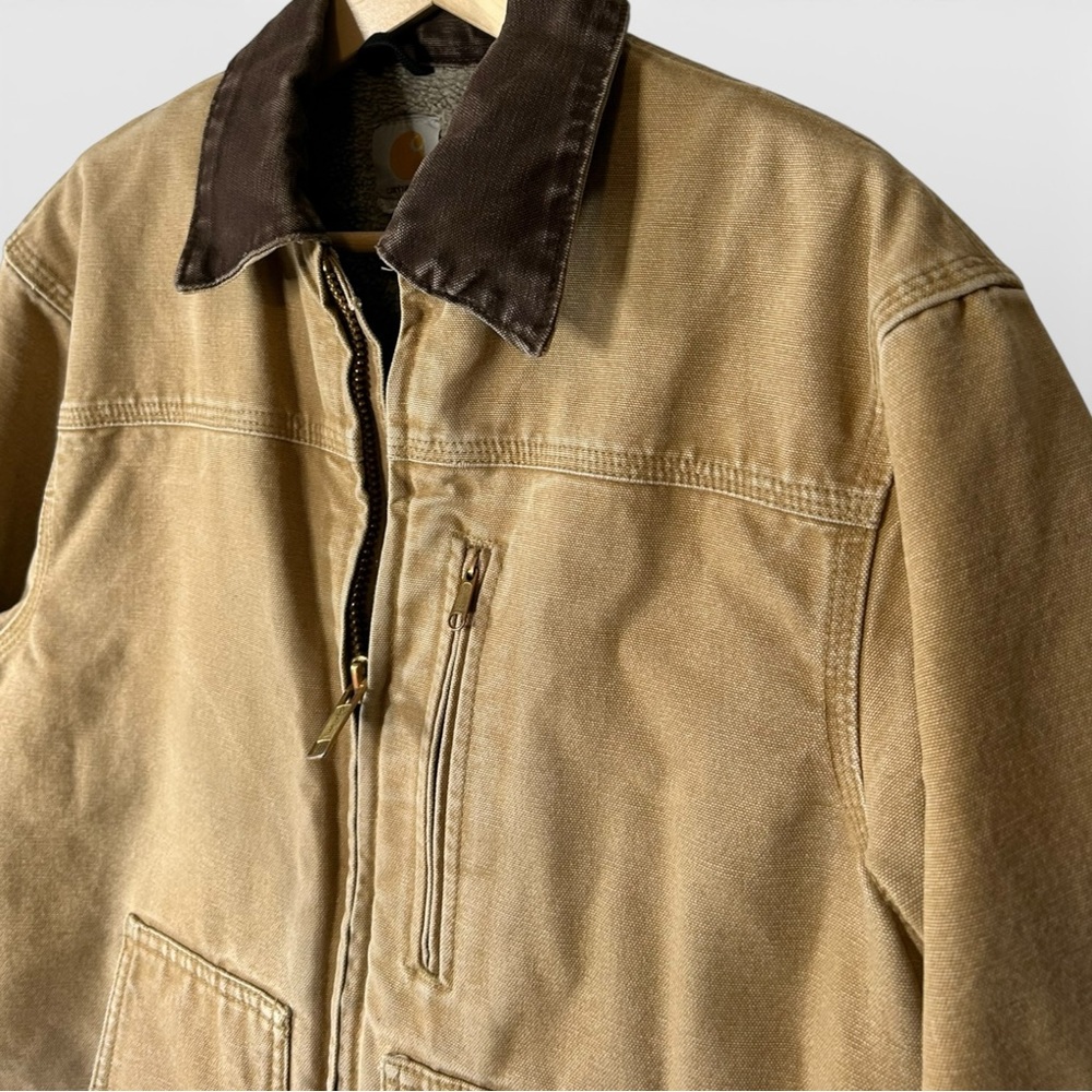 Vintage Carhartt Duck Jacket Sherpa Lined Distressed Workwear Coat L - Picture 2 of 16